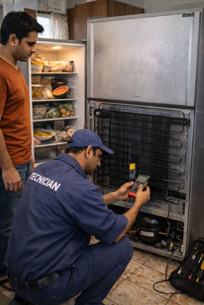 Whirlpool fridge compressor inspection by technician during refrigerator repair in Kolkata