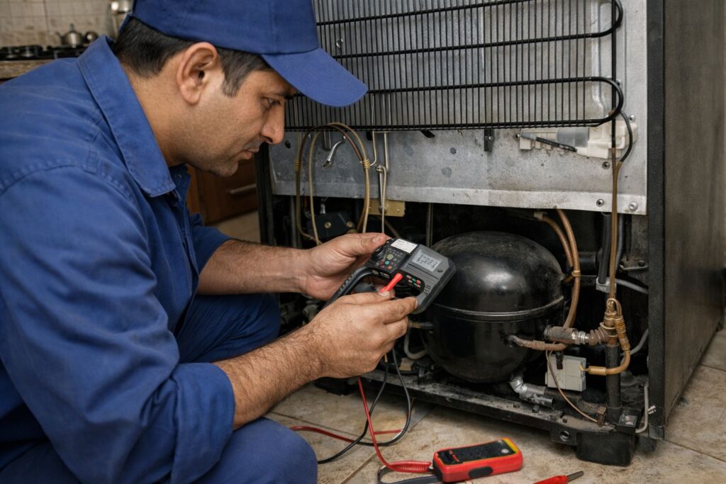 Technician checking Whirlpool fridge compressor relay during refrigerator repair in Kolkata