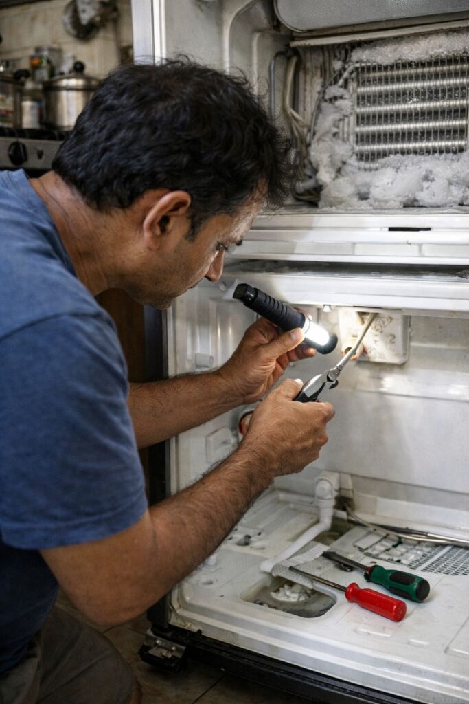 Whirlpool fridge drain pipe blockage repair by technician in Kolkata