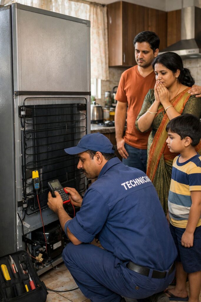 Whirlpool fridge not cooling properly technician checking compressor at back side in Kolkata home