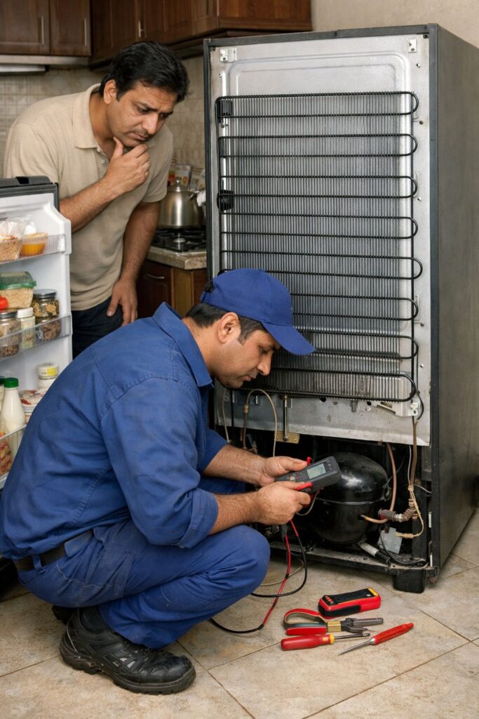 Whirlpool fridge running but not cooling technician inspecting compressor at back side in Kolkata home