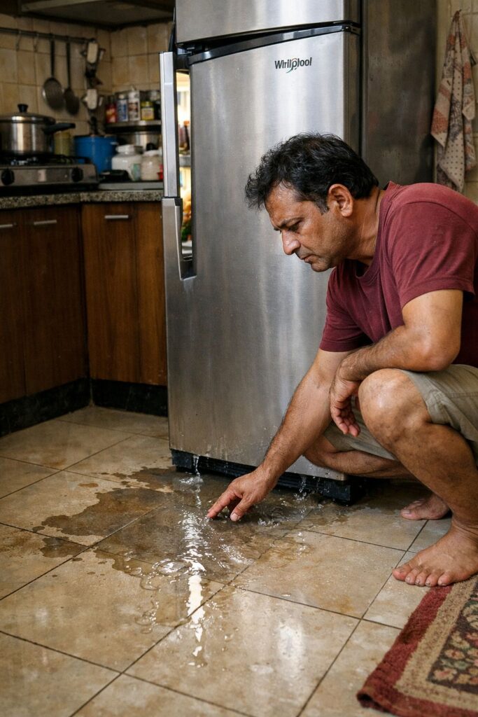 Whirlpool fridge leaking water on kitchen floor in Kolkata home
