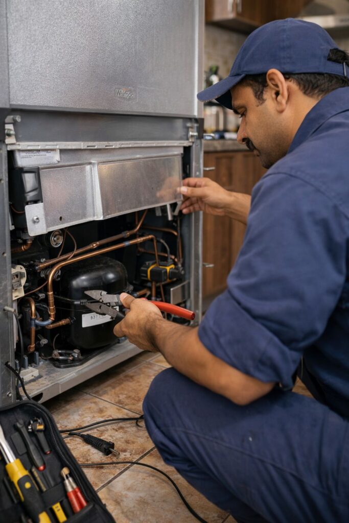 A professional Indian refrigerator technician inspecting the rear compressor and condenser area of a Whirlpool fridge inside a Kolkata apartment kitchen. The refrigerator has been pulled slightly away from the wall so the back side is visible while the technician checks the cooling system with tools. The homeowner looks concerned because the fridge is not cooling properly.