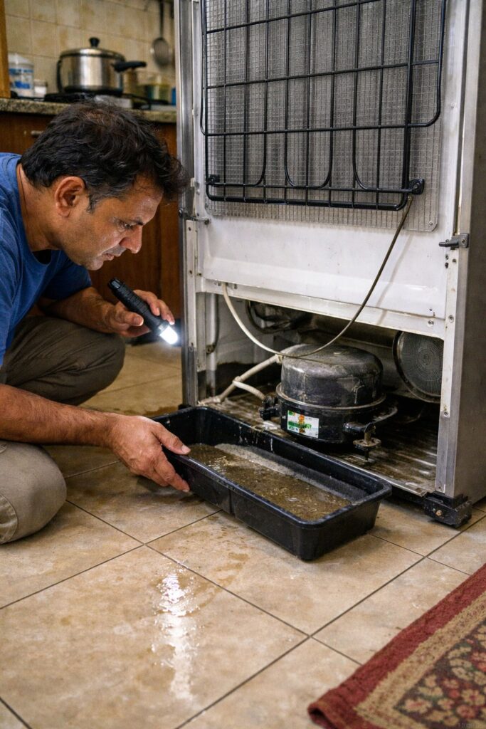 Technician checking Whirlpool refrigerator drain tray and compressor area in Kolkata