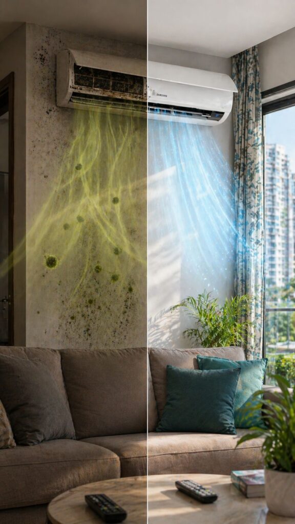 before after Samsung AC smell problem cleaning Hyderabad comparison