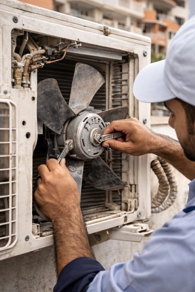 AC outdoor unit noise repair due to fan motor and loose parts issue