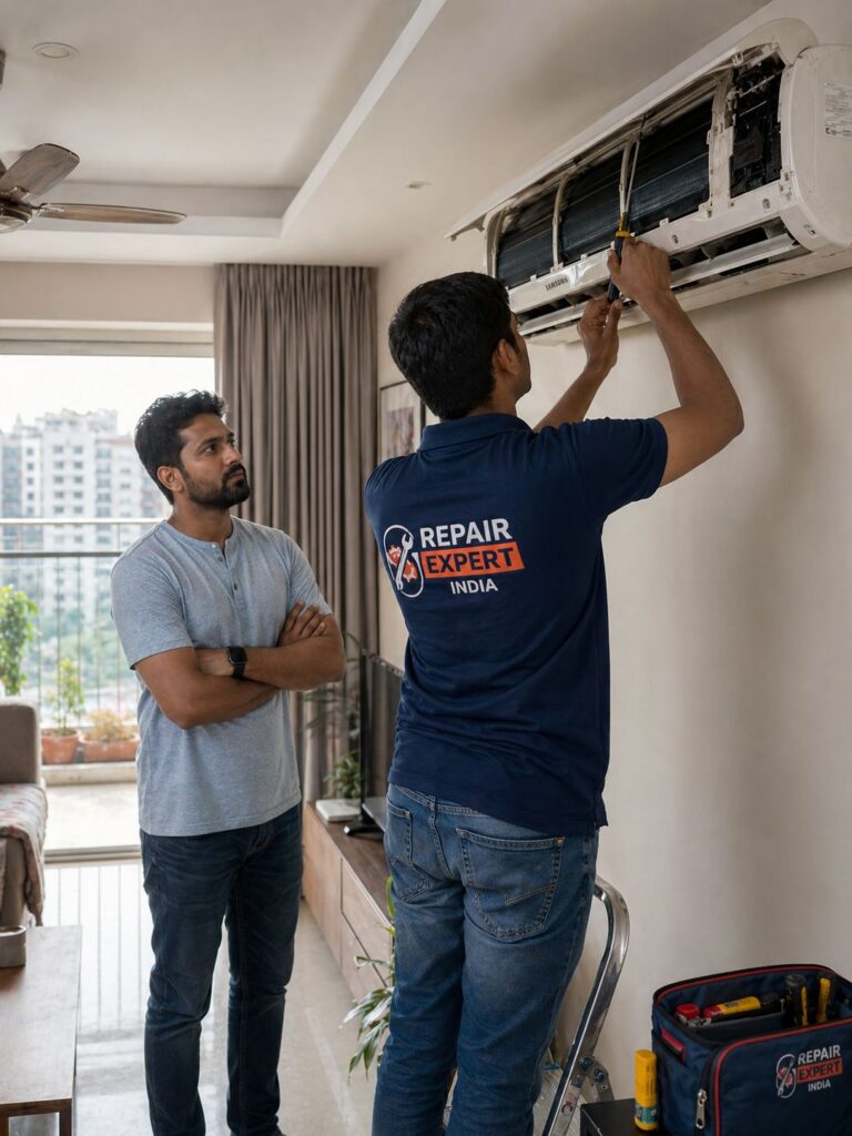 Home AC repair service near me in Kolkata fixing Samsung AC not cooling issue with expert technician
