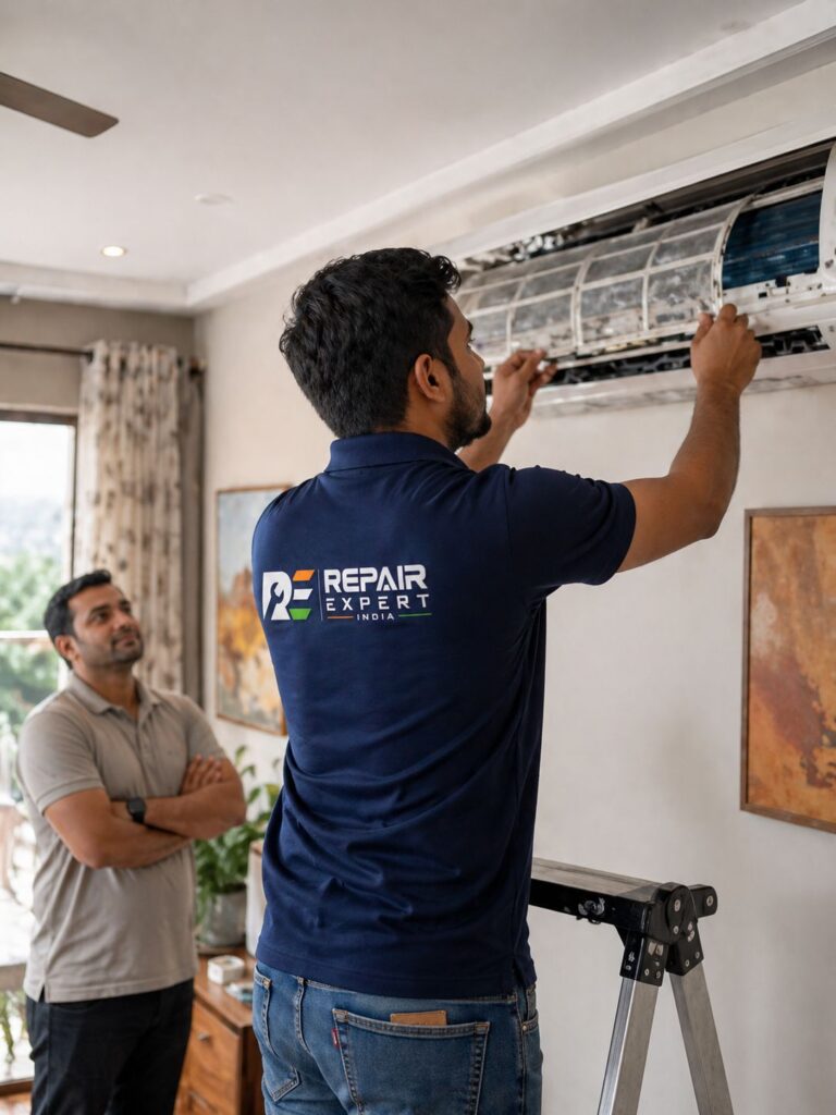 Home AC repair service near me in Kolkata fixing Daikin AC not cooling issue with expert technician