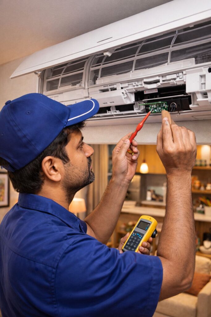 Technician fixing sensor for Voltas AC remote not working problem