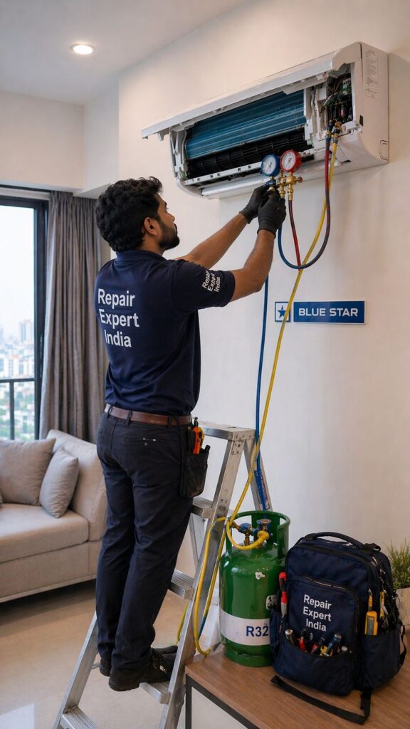 Blue Star AC gas filling Hyderabad technician refilling refrigerant indoor unit