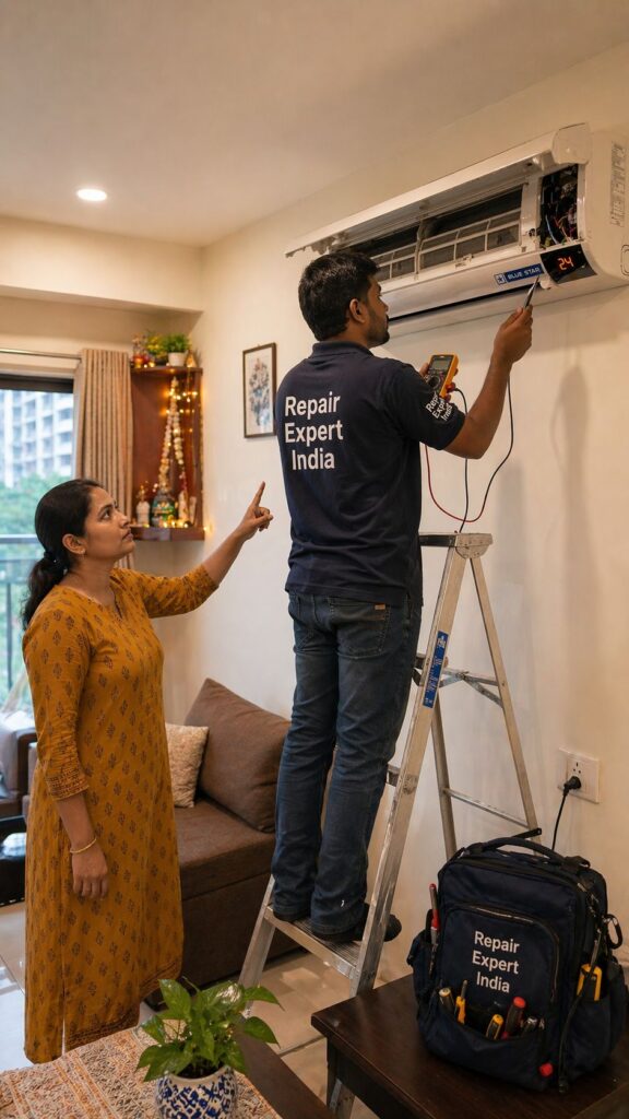 Blue Star AC noise problem repair Hyderabad technician checking AC with customer