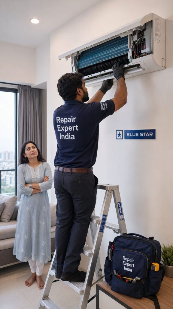 Blue Star AC noise problem repair Hyderabad technician fixing indoor unit