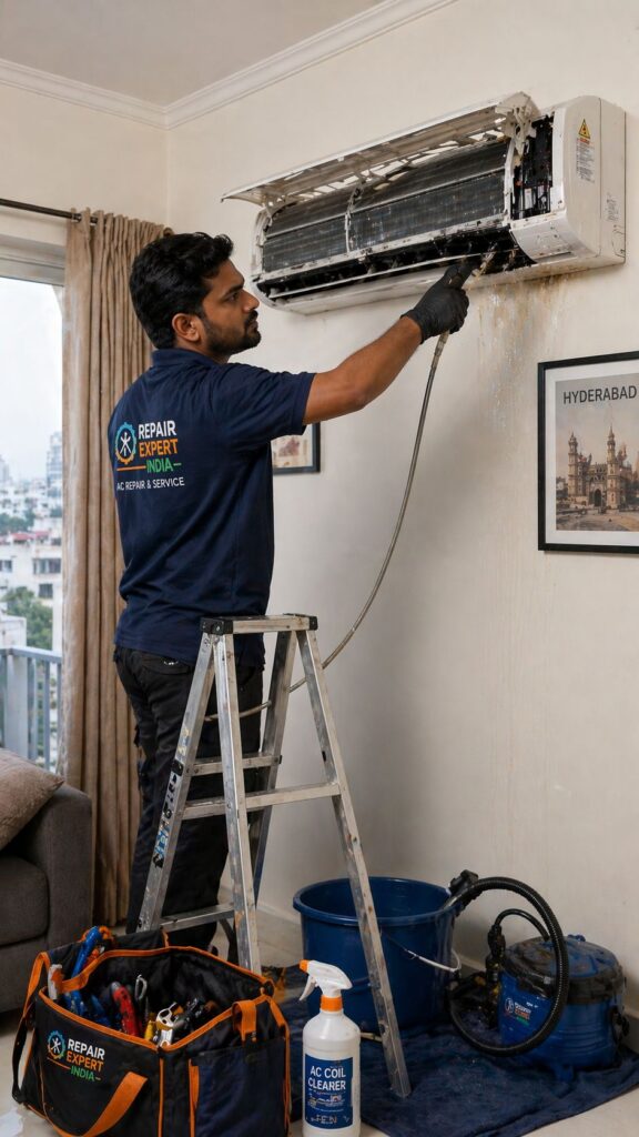 Blue Star AC water leakage repair Hyderabad technician cleaning drain pipe
