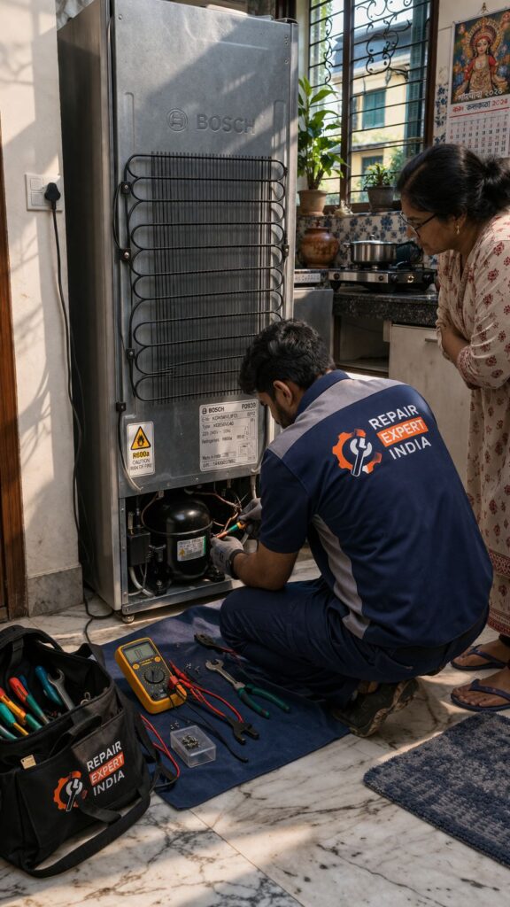 Happy customer after Bosch fridge repair service in Kolkata by technician