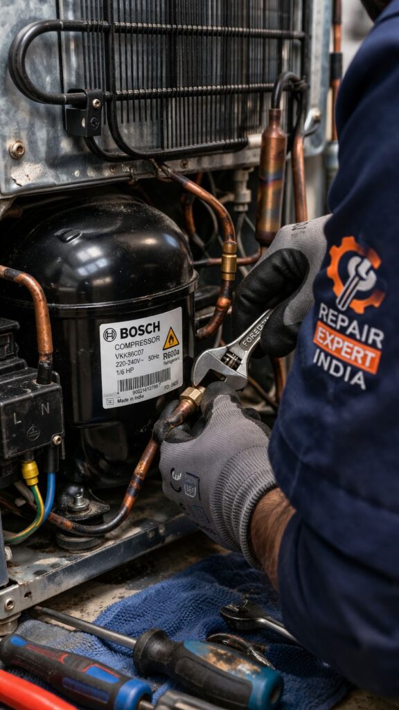 Professional Bosch fridge repair in Kolkata showing technician fixing compressor and condenser coil from the backside. Reliable doorstep Bosch refrigerator repair service in Kolkata for cooling issues, gas leakage, and compressor problems.