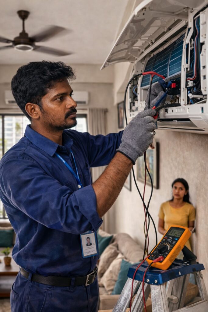 Technician fixing Daikin AC cooling problem in Hyderabad using professional tools