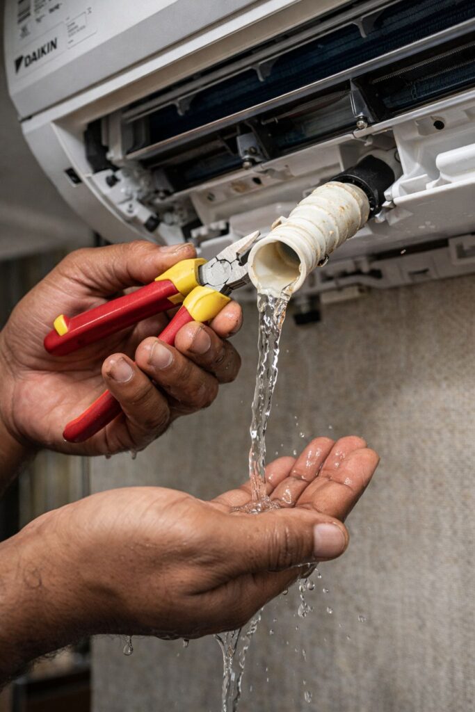 Cleaning clogged drain pipe for Daikin AC water leakage repair in Hyderabad