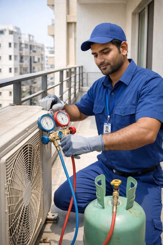 Technician doing Daikin AC gas filling service in Hyderabad with pressure gauge and cylinder