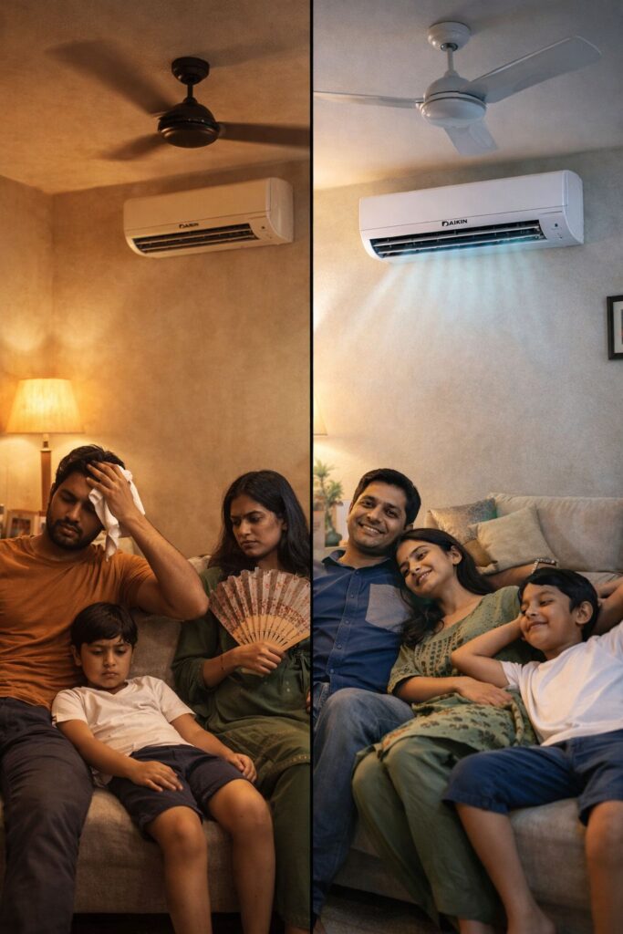 Before and after Daikin AC repair showing cooling improvement in Hyderabad home