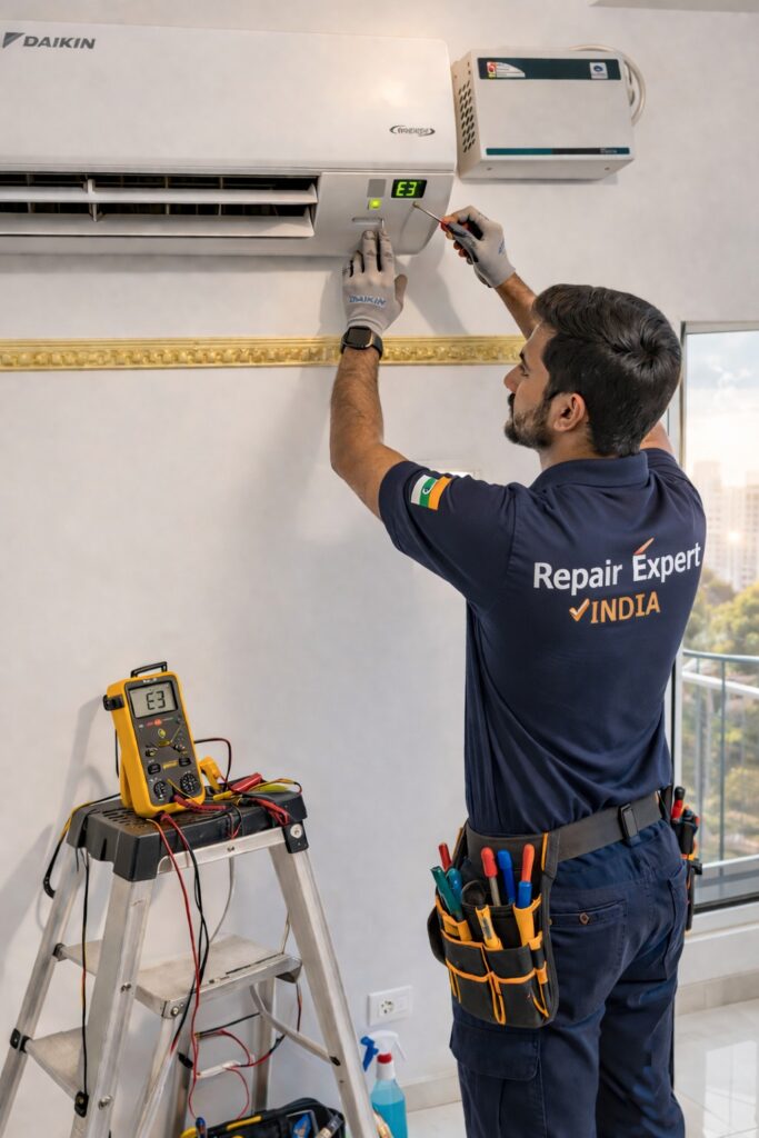 Daikin AC technician repairing air conditioner showing error in Hyderabad home
