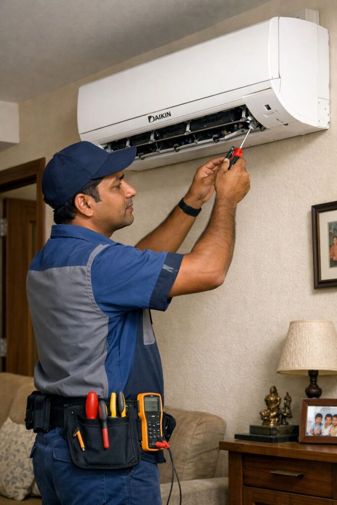 Daikin AC repair technician fixing split AC in Hyderabad home