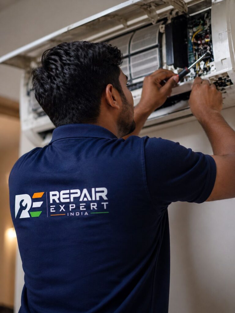 Close view of AC technician fixing Daikin AC not cooling Kolkata with branded repair expert service near me