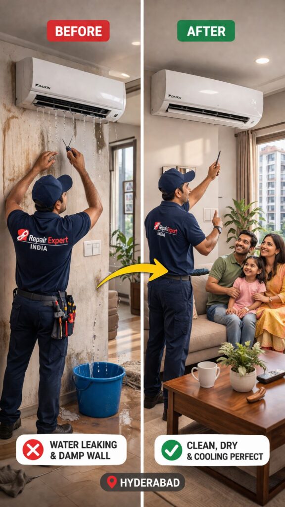 Before and after Daikin AC water leakage repair in Hyderabad home