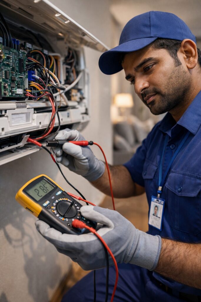Technician diagnosing Daikin inverter AC problem in Hyderabad using tools