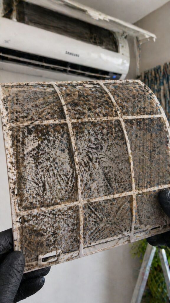 dirty Samsung AC filter with fungus causing smell problem Hyderabad