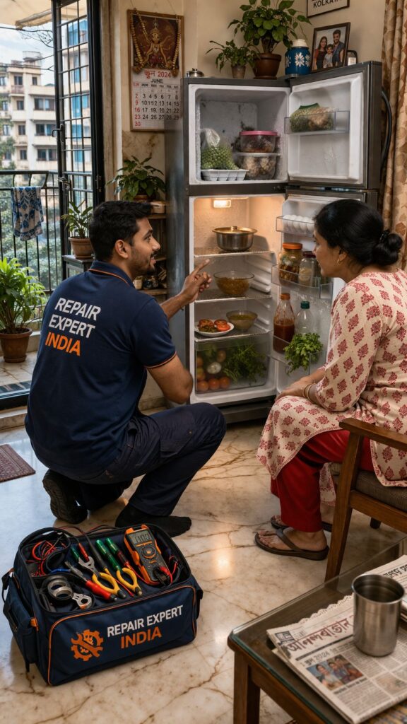 Doorstep Panasonic fridge repair service in Kolkata with technician and customer