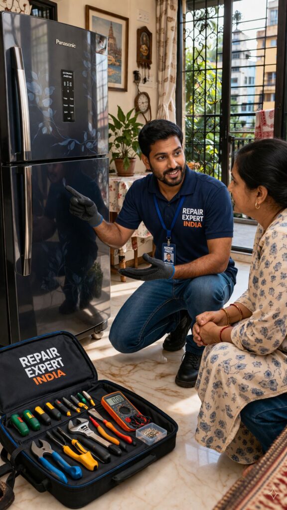 Technician providing doorstep Panasonic fridge repair service in Kolkata home