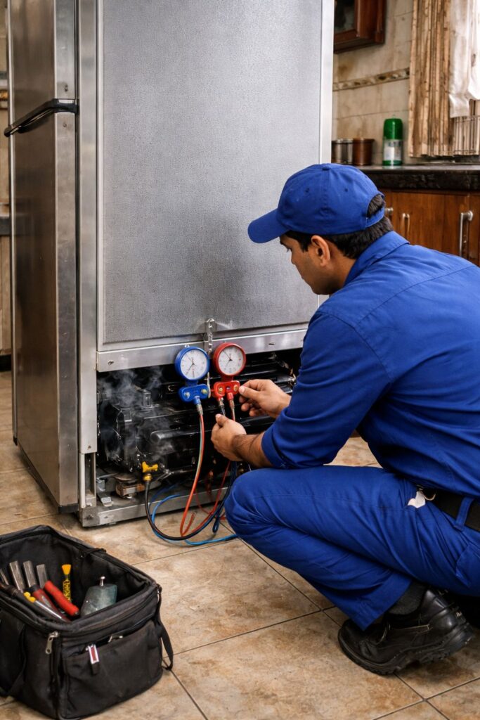 Double door fridge gas pressure issue repair in Behala Kolkata