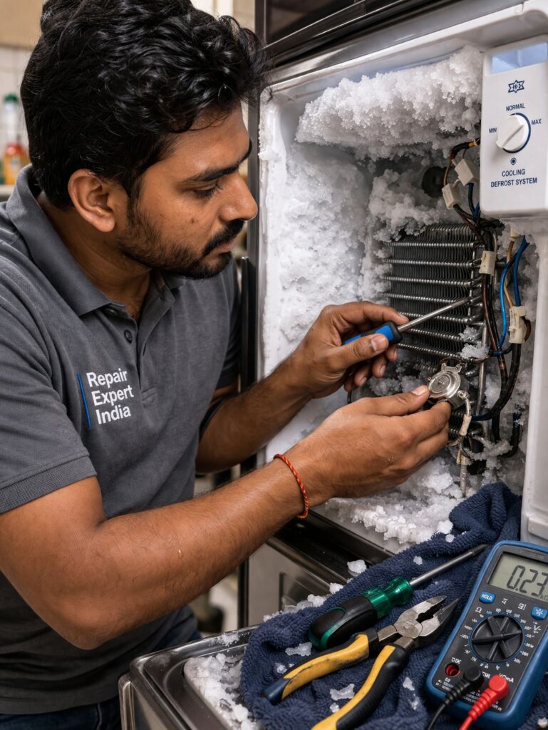 Close-up of freezer icing problem repair in Godrej refrigerator Kolkata