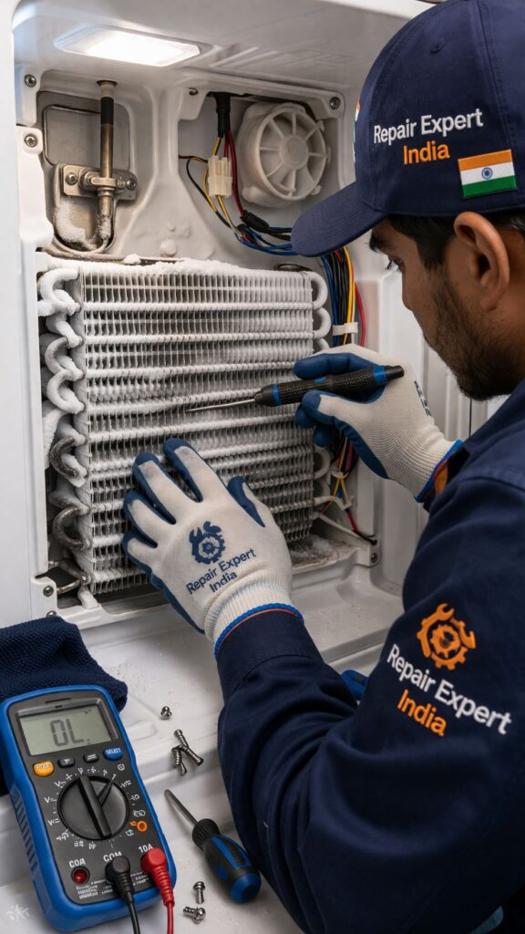 Technician fixing freezer cooling issue in New Town Kolkata