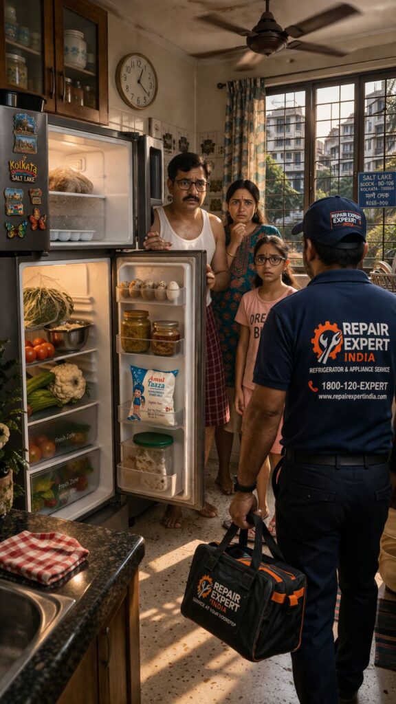 Fridge compressor not working in Salt Lake Kolkata with technician repairing refrigerator in home kitchen