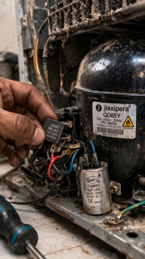 Close-up of refrigerator compressor repair showing wiring and cooling components problem