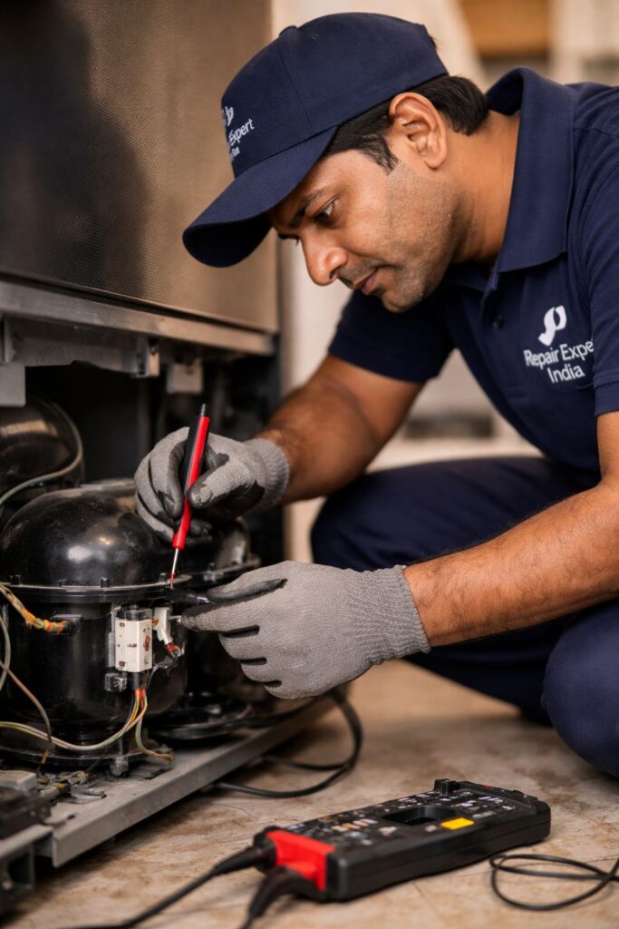 Technician fixing refrigerator compressor in Kolkata by Repair Expert India