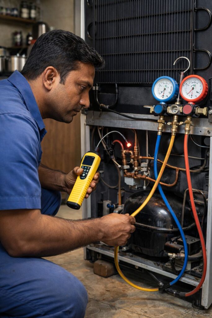 Refrigerator gas leak detection service in Jadavpur Kolkata technician checking compressor