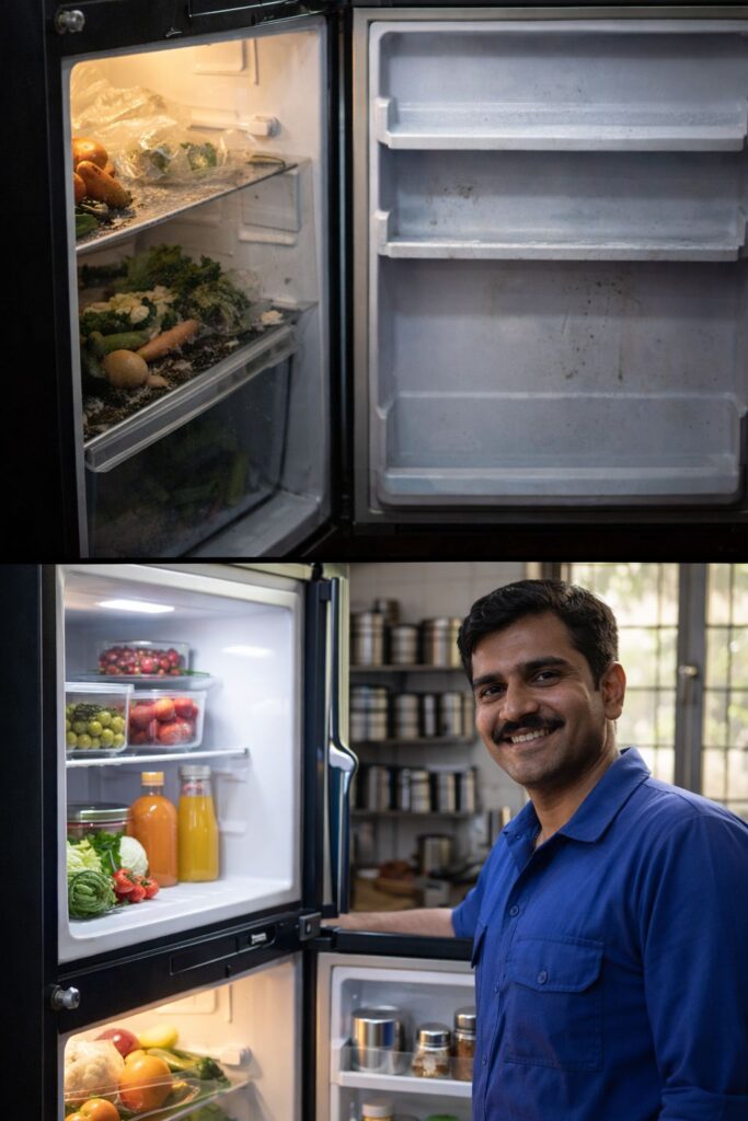 Before and after fridge repair showing freezer working but fridge not cooling fixed in Tollygunge Kolkata