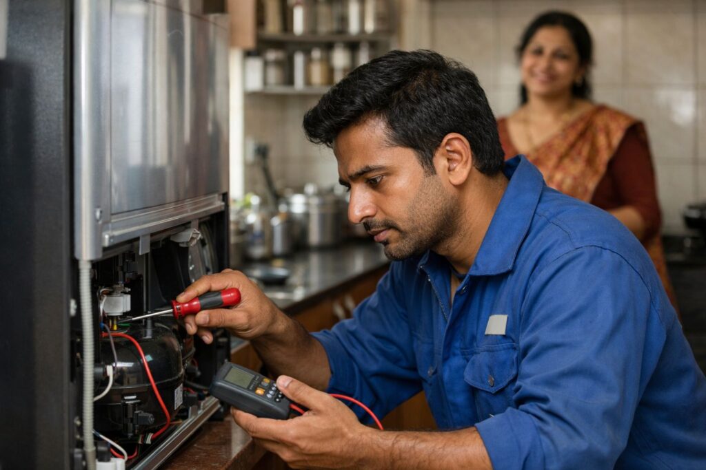 Fridge repair technician fixing double door refrigerator in Tollygunge Kolkata