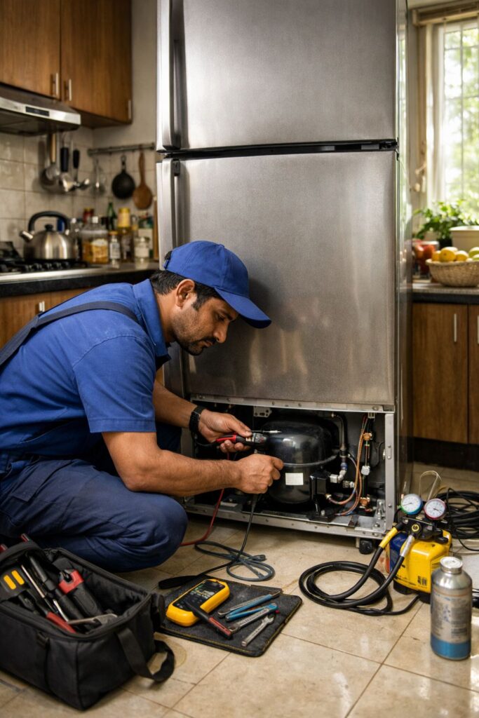 Fridge repair in Jadavpur Kolkata technician repairing refrigerator at home