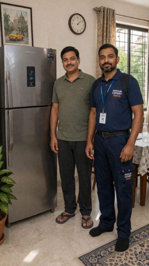customer satisfied after fridge repair service in salt lake kolkata technician standing