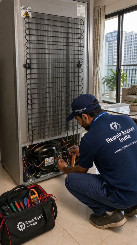 Fridge repair technician assisting customer at home in New Town Kolkata