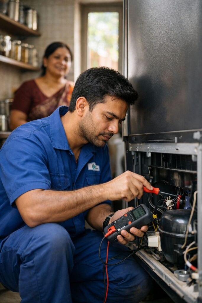 Fridge repair technician fixing double door refrigerator in Tollygunge Kolkata home kitchen