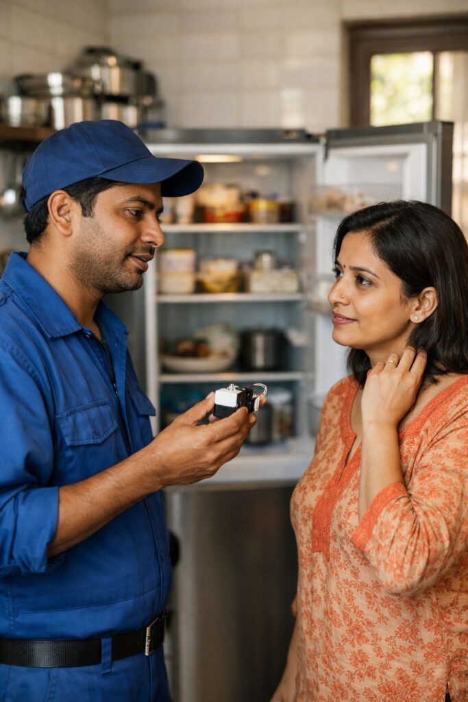 Fridge repair technician explaining refrigerator issue to customer in Tollygunge Kolkata home