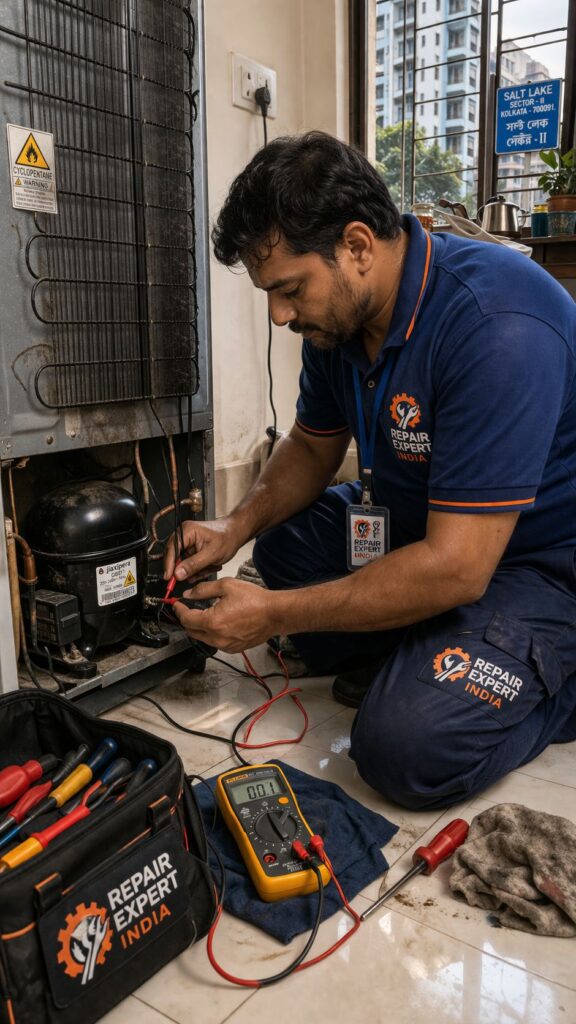 Professional fridge repair technician fixing compressor in Salt Lake Kolkata apartment