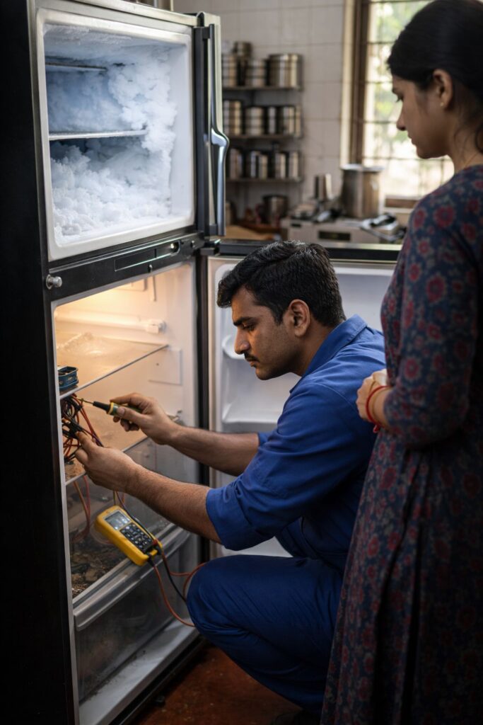 Fridge repair technician fixing double door refrigerator in Tollygunge Kolkata home kitchen