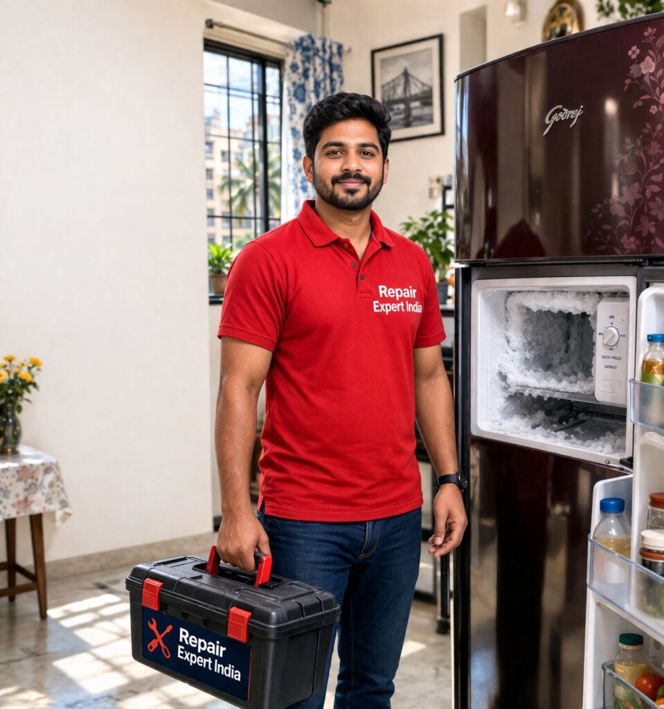 A detailed close-up image showing a technician fixing ice buildup inside a Godrej refrigerator freezer. The image highlights internal components such as coils and frost accumulation, representing a typical freezer icing problem in Kolkata households.