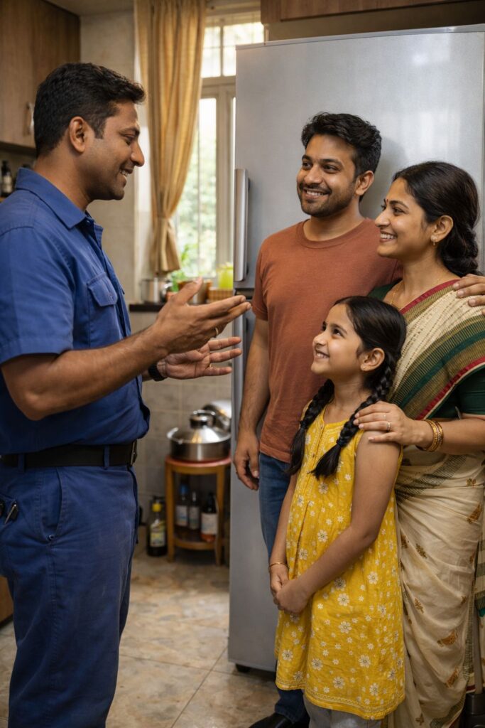 Happy customer after fridge gas refill service in Jadavpur Kolkata with technician