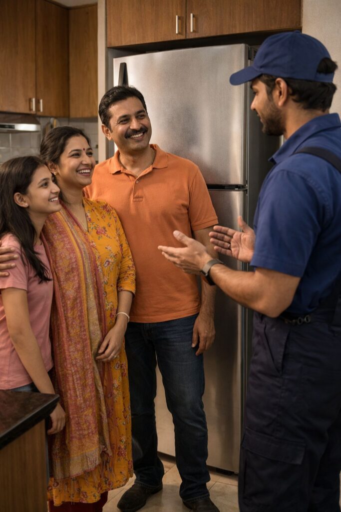 Happy family after fridge repair service in Jadavpur Kolkata technician fixing refrigerator